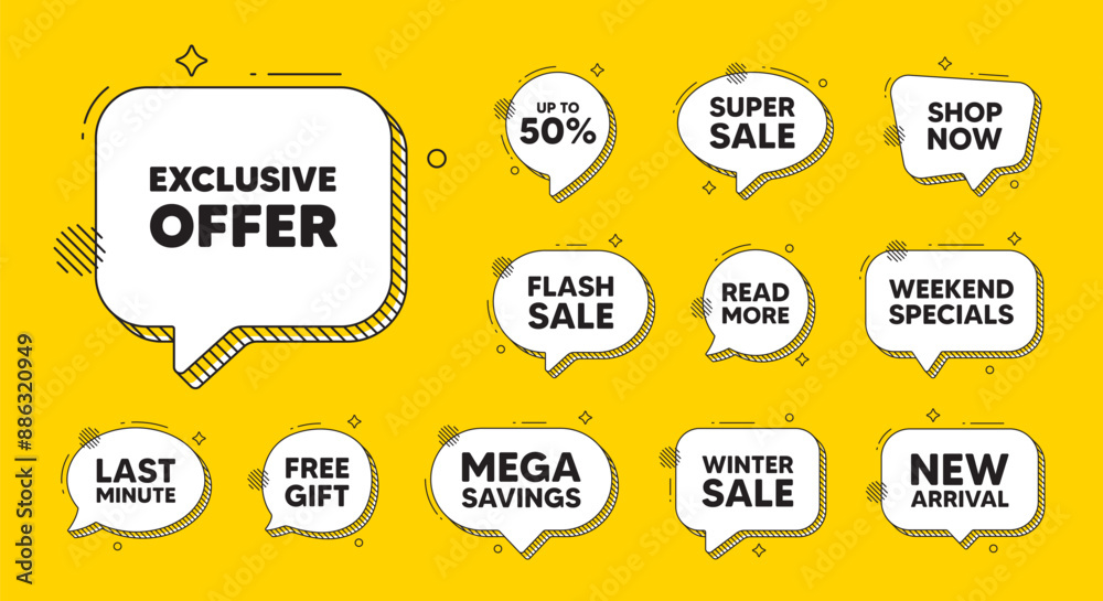 Obraz premium Offer speech bubble icons. Exclusive offer tag. Sale price sign. Advertising discounts symbol. Exclusive offer chat offer. Speech bubble discount banner. Text box balloon. Vector