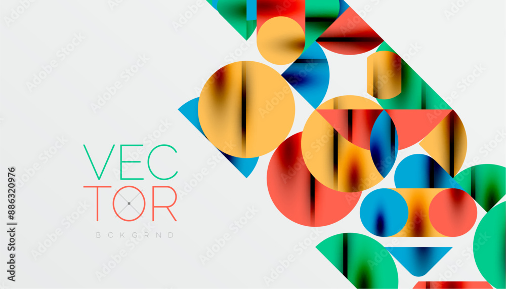 Color beautiful circles, semi circles, squares and round triangles. Geometric mosaic style pattern abstract background for wallpaper, banner, backdrop, card, book Illustration, landing page Color beautiful circles, semi circles, squares and round triangles. Geometric mosaic style pattern abstract background for wallpaper, banner, backdrop, card, book Illustration, landing page