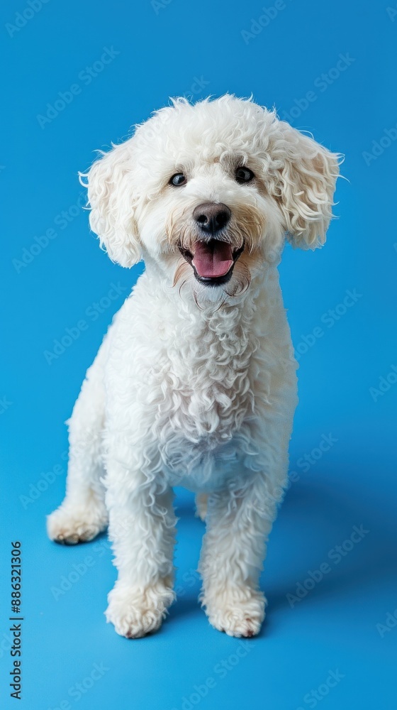 Smiling white dog sitting on blue background, happy Smiling white dog sitting on blue background, happy