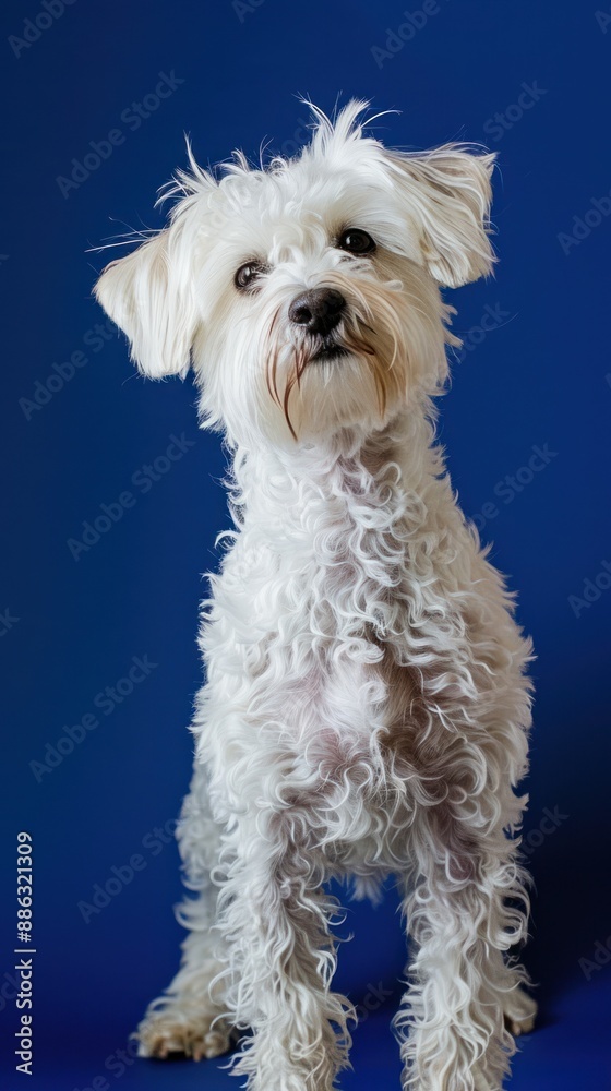Curly white dog gazing on blue background, curious pose Curly white dog gazing on blue background, curious pose