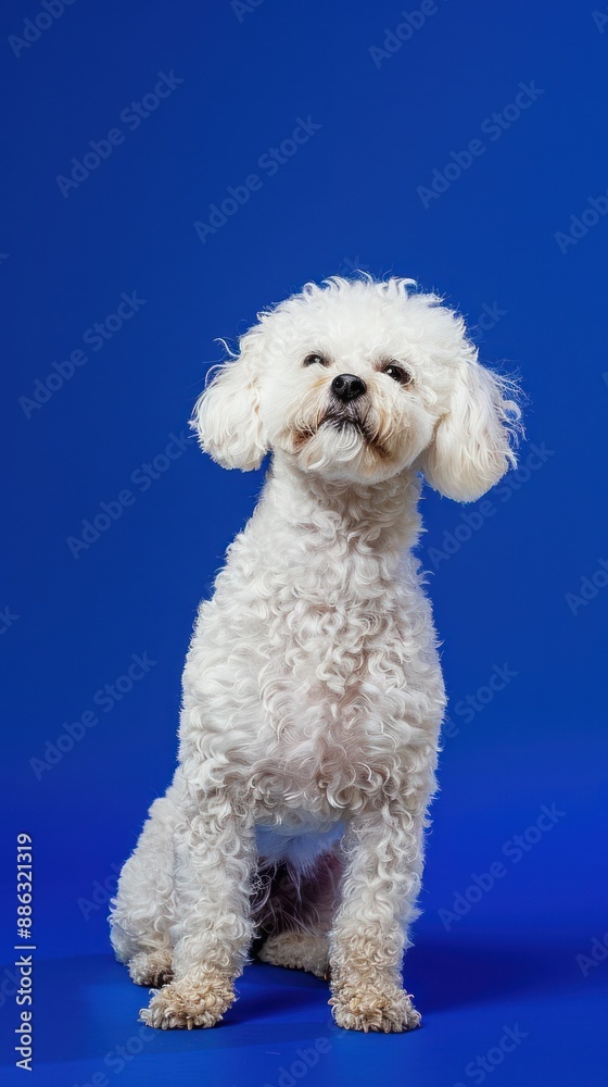 Curly-haired white dog sits on blue background, attentive Curly-haired white dog sits on blue background, attentive