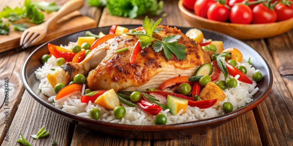Chicken with a variety of fresh vegetables on a bed of rice , poultry, healthy, cooking, meal, dinner, delicious Chicken with a variety of fresh vegetables on a bed of rice , poultry, healthy, cooking, meal, dinner, delicious