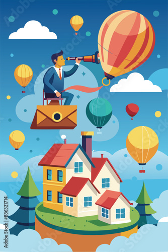Rising Home Mortgage Interest Rates: House Owner with Telescope on Flying Balloon House Exploring Real Estate Investment Opportunities