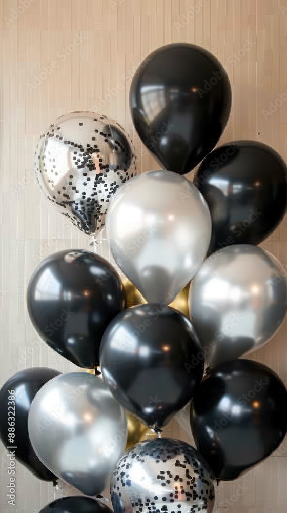 Fototapeta premium Shiny black and silver balloons with confetti patterns.