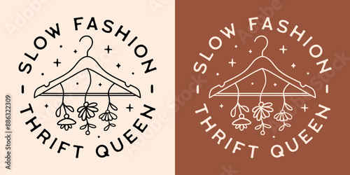 Slow fashion thrift queen badge logo women shirt design sticker funny quotes female shop owner thrifter gifts. Retro boho floral vintage aesthetic coat hanger illustration sustainable clothing vector.