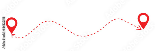 Travel vector icon. Travel from start point and dotted line tracing. Route icon between two points with dotted path and location pin. Location pointer continuous one line drawing. GPS navigation line