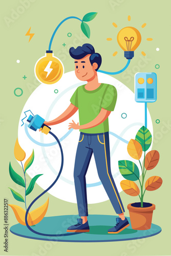 Saving Electricity: Man Unplugs Cord for Cost Reduction and Ecological Awareness