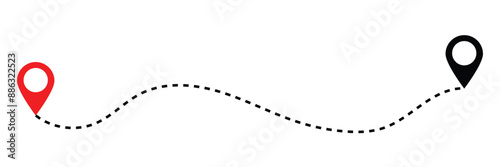 Travel vector icon. Travel from start point and dotted line tracing. Route icon between two points with dotted path and location pin. Location pointer continuous one line drawing. GPS navigation line