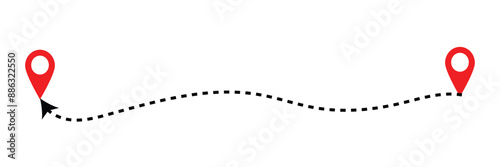 Travel vector icon. Travel from start point and dotted line tracing. Route icon between two points with dotted path and location pin. Location pointer continuous one line drawing. GPS navigation line