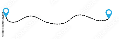 Travel vector icon. Travel from start point and dotted line tracing. Route icon between two points with dotted path and location pin. Location pointer continuous one line drawing. GPS navigation line