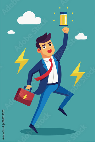 Recharged Businessman with Battery Ready to Succeed through Motivation