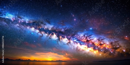 A majestic view of the Milky Way galaxy with vibrant colors and stars shining brightly, cosmic, odyssey, journey, mysteries