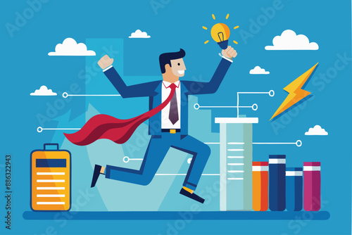 Recharged Businessman with Battery Ready to Succeed through Motivation