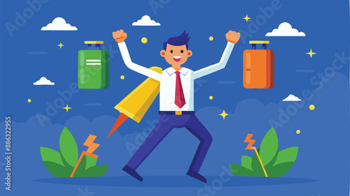 Recharged Businessman with Battery Ready to Succeed through Motivation