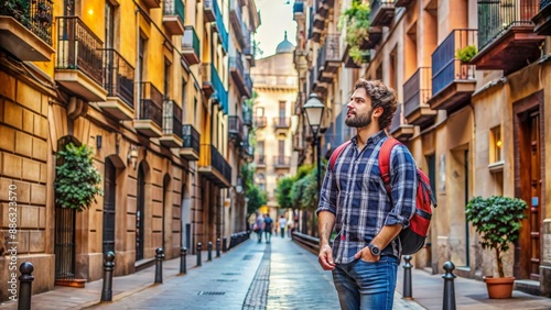 Young man exploring the vibrant streets of Barcelona, Spain , travel, tourism, Europe, Spanish culture