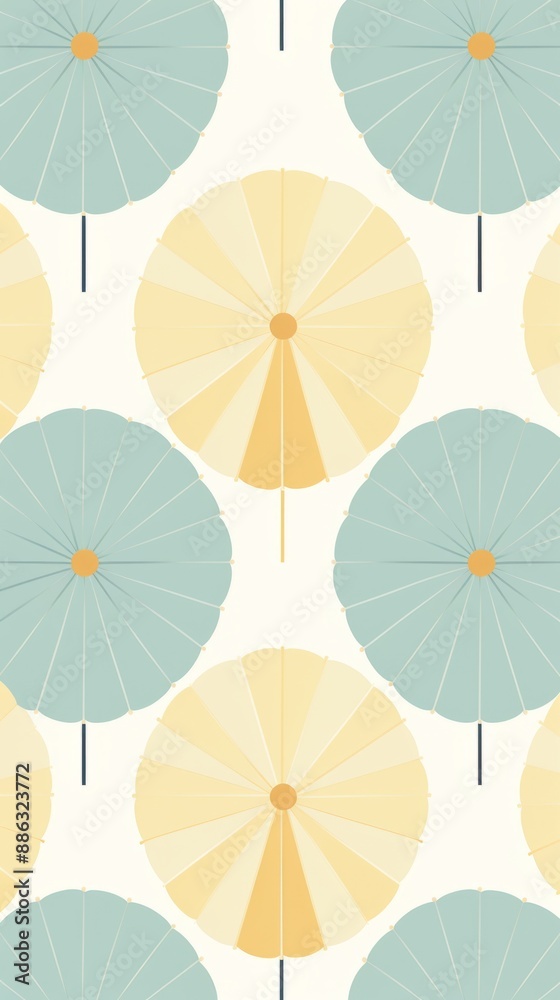 A pattern of blue and yellow paper umbrellas against a white background A pattern of blue and yellow paper umbrellas against a white background