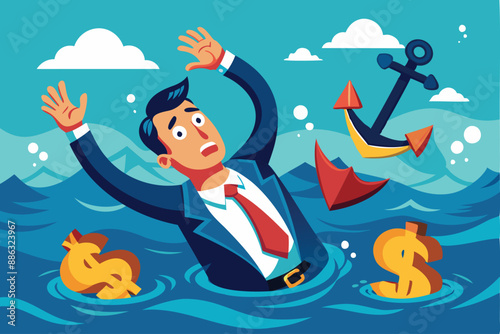 Sunk Cost Fallacy: Businessman Drowning with Anchor of Sinking Dollar Bills