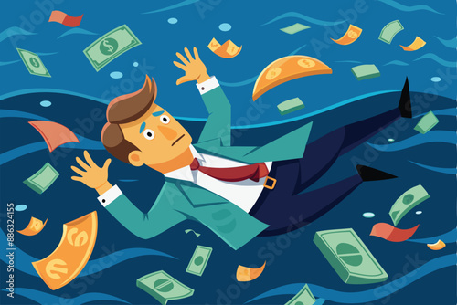 Sunk Cost Fallacy: Businessman Drowning with Anchor of Sinking Dollar Bills