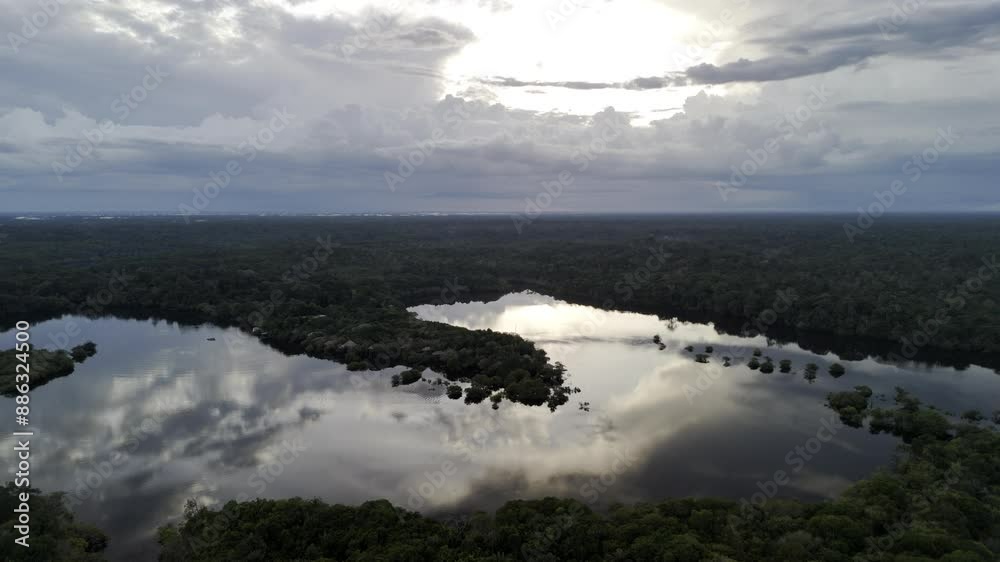 Epic Sunset Over Beautiful Amazon River, Moody Sky, Aerial Establishing Wide, Slowly Tracking Left Epic Sunset Over Beautiful Amazon River, Moody Sky, Aerial Establishing Wide, Slowly Tracking Left