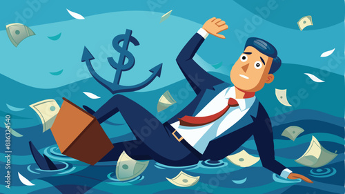 Sunk Cost Fallacy: Businessman Drowning with Anchor of Sinking Dollar Bills