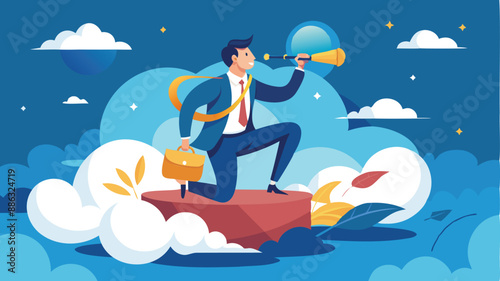 Visionary businessman riding high cloud, searching for business opportunities with telescope, demonstrating leadership and strategic thinking