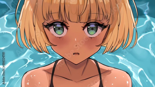 Adorable anime girl with blonde hair smiling at the poolside photo