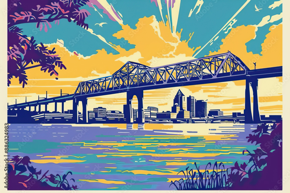Fototapeta premium Risograph riso print travel poster, card, wallpaper or banner illustration, modern, isolated, clear, simple of Baton Rouge, Louisiana, USA. Artistic, screen printing, stencil