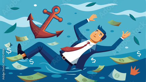 Sunk Cost Fallacy: Businessman Drowning with Anchor of Sinking Dollar Bills