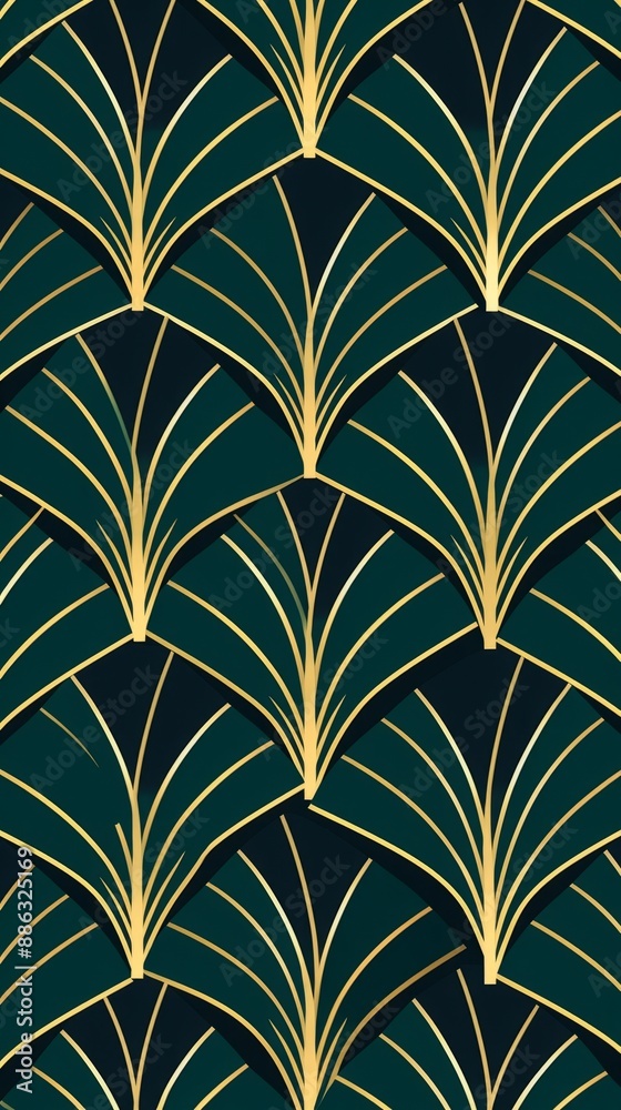 A pattern of green and gold Art Deco fans A pattern of green and gold Art Deco fans