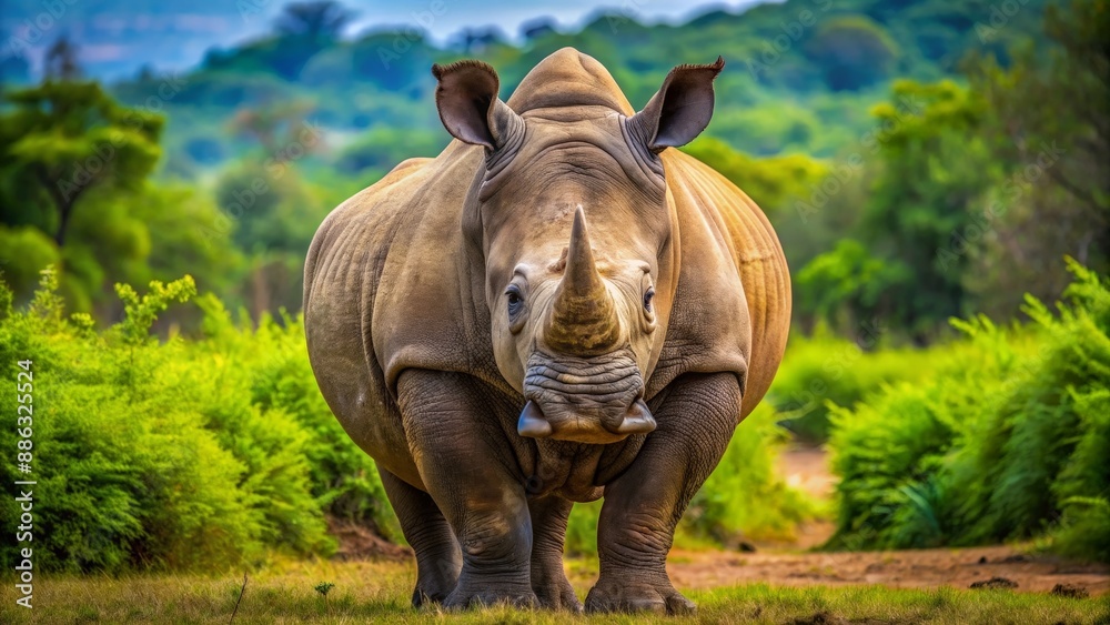 Fototapeta premium A close-up photo of a majestic rhinoceros standing in the wild , wildlife, animal, safari, endangered, horn, powerful