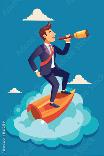 Visionary businessman riding high cloud, searching for business opportunities with telescope, demonstrating leadership and strategic thinking