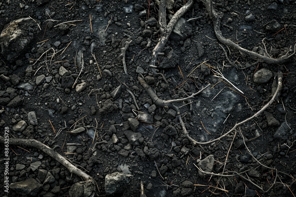 A black background filled with twigs and branches creating a stark contrast, Dark, gritty soil with scattered roots and rocks A black background filled with twigs and branches creating a stark contrast, Dark, gritty soil with scattered roots and rocks