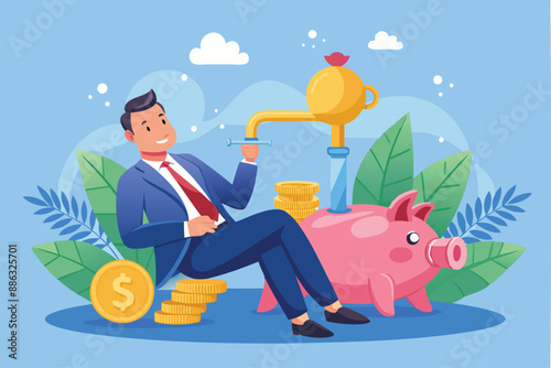 Relaxed businessman enjoying passive income from money faucet flowing into piggybank, achieving financial freedom