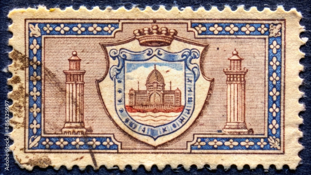 Obraz premium Vintage postage stamp featuring the coat of arms of the Archbishopric of Asuncion in Paraguay, 1948, Paraguay