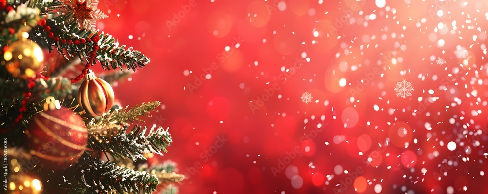 Christmas Tree Decorated with Golden Red Bokeh Background Christmas Tree Decorated with Golden Red Bokeh Background
