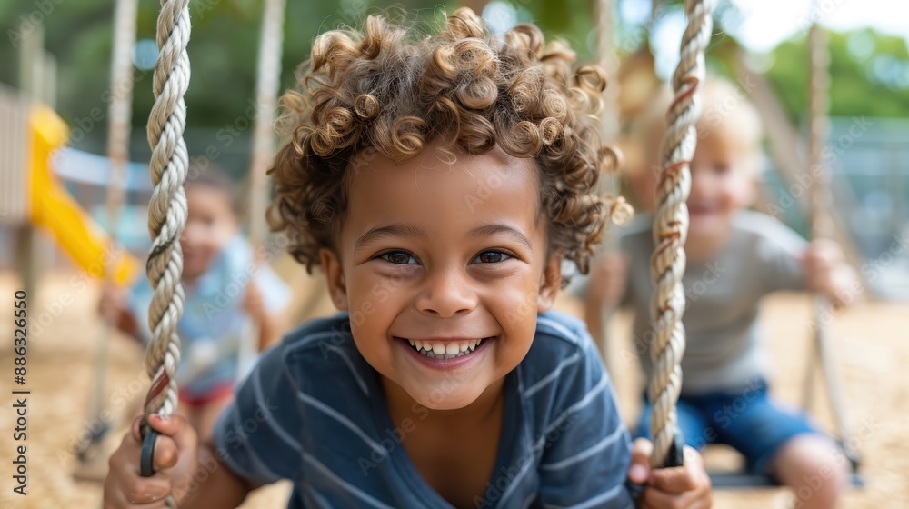 A young boy with curly hair smiling while playing outdoors on a sunny day. The image encapsulates the joy and carefree nature of childhood fun in an outdoor setting. A young boy with curly hair smiling while playing outdoors on a sunny day. The image encapsulates the joy and carefree nature of childhood fun in an outdoor setting.