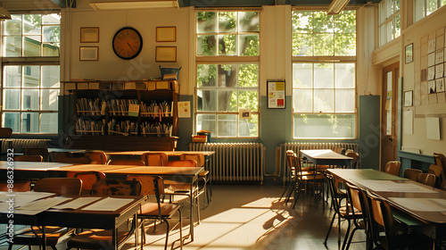 a classrom with tables and students stuff on tables without students while they are in the break. photo