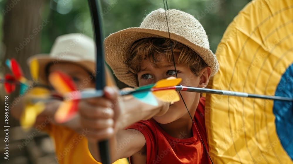 Obraz premium A young boy, dressed in a hat, is aiming an arrow at a target, showcasing focus and concentration, with a summer backdrop creating a sense of determination and skill.