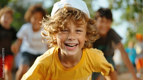 A cheerful kid in a yellow shirt and white cap, surrounded by friends, radiates happiness and joy while playing outdoors, encapsulating the carefree spirit of childhood in nature.