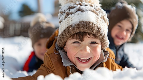 A group of kids having a blast playing in the snow, wearing warm clothes and beaming with big smiles, capturing the pure joy and camaraderie of a fun-filled snowy winter day. photo