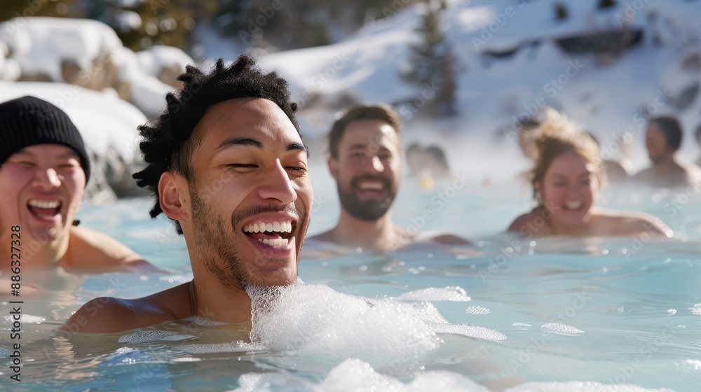 A group of friends enjoys a warm swim in an outdoor winter pool, laughing and bonding amidst the snowy landscape, making the most of a unique and refreshing experience. A group of friends enjoys a warm swim in an outdoor winter pool, laughing and bonding amidst the snowy landscape, making the most of a unique and refreshing experience.