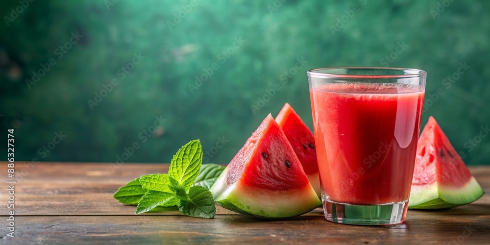 Watermelon slices and freshly squeezed watermelon juice in glass, refreshing, summer, fruit, healthy, drink, sweet, tropical, vibrant Watermelon slices and freshly squeezed watermelon juice in glass, refreshing, summer, fruit, healthy, drink, sweet, tropical, vibrant