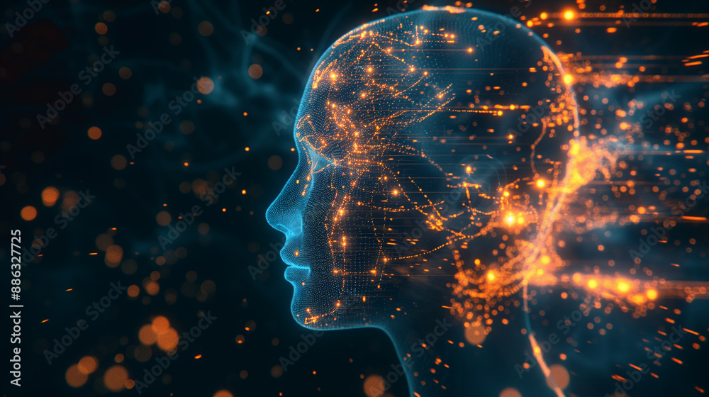 Digital representation of a human head with glowing data and circuitry. Digital representation of a human head with glowing data and circuitry.