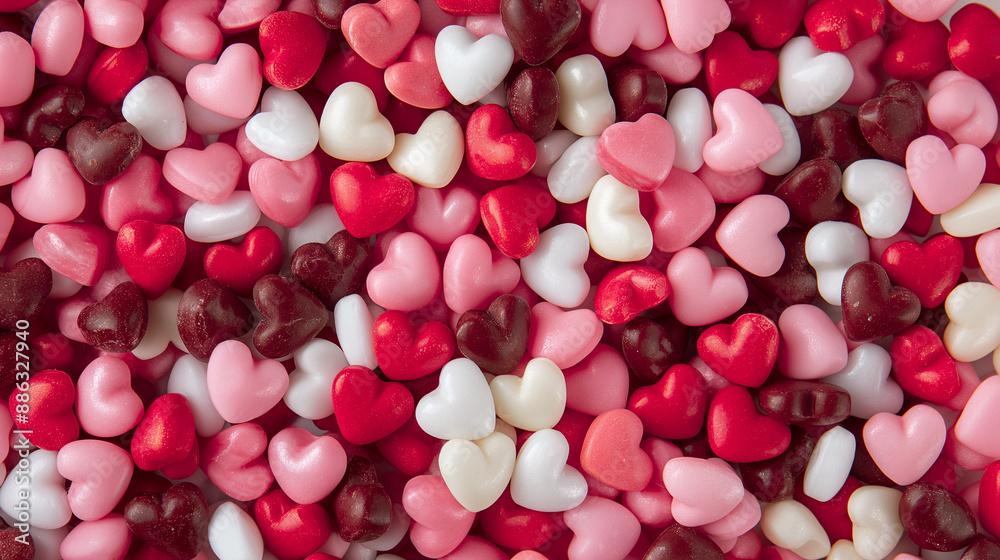 Heart-shaped candies in various shades of pink and red with sugar coating. Heart-shaped candies in various shades of pink and red with sugar coating.