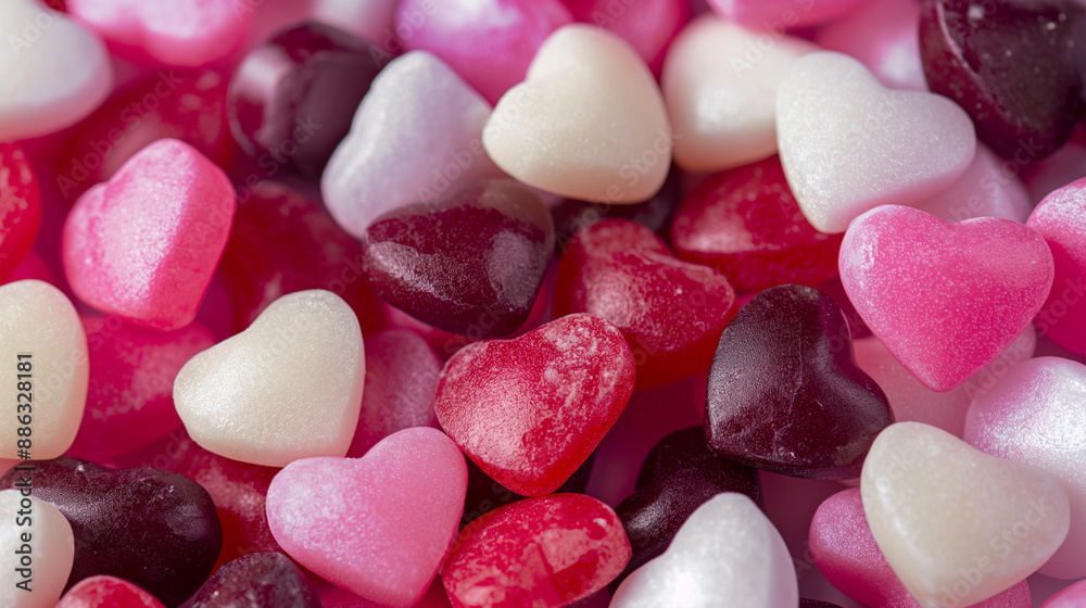 Heart-shaped candies in various shades of pink and red with sugar coating. Heart-shaped candies in various shades of pink and red with sugar coating.