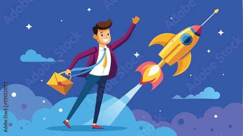 Venture Capital Funding: Confident Businessman Launches Startup Rocket with Supporter's Hand