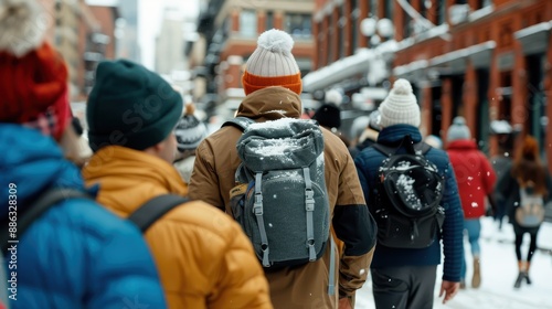 An image of a group of people in winter attire, including backpacks and hats, walking through a snowy urban street, generating a sense of community amidst the winter setting.