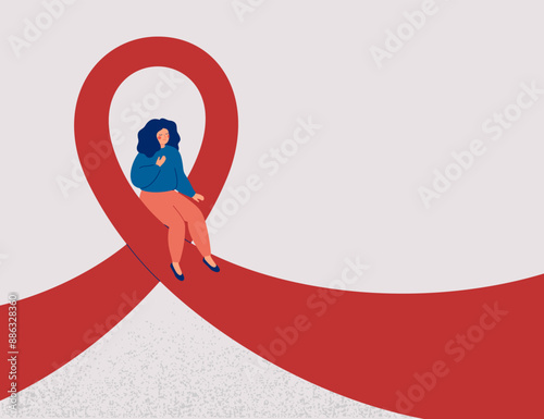 Woman sits on pink or red Ribbon. Raising awareness about the treatment and medical exam of breast cancer or HIV AIDS. Symbol of hope. Vector illustration. Disease oncology prevention