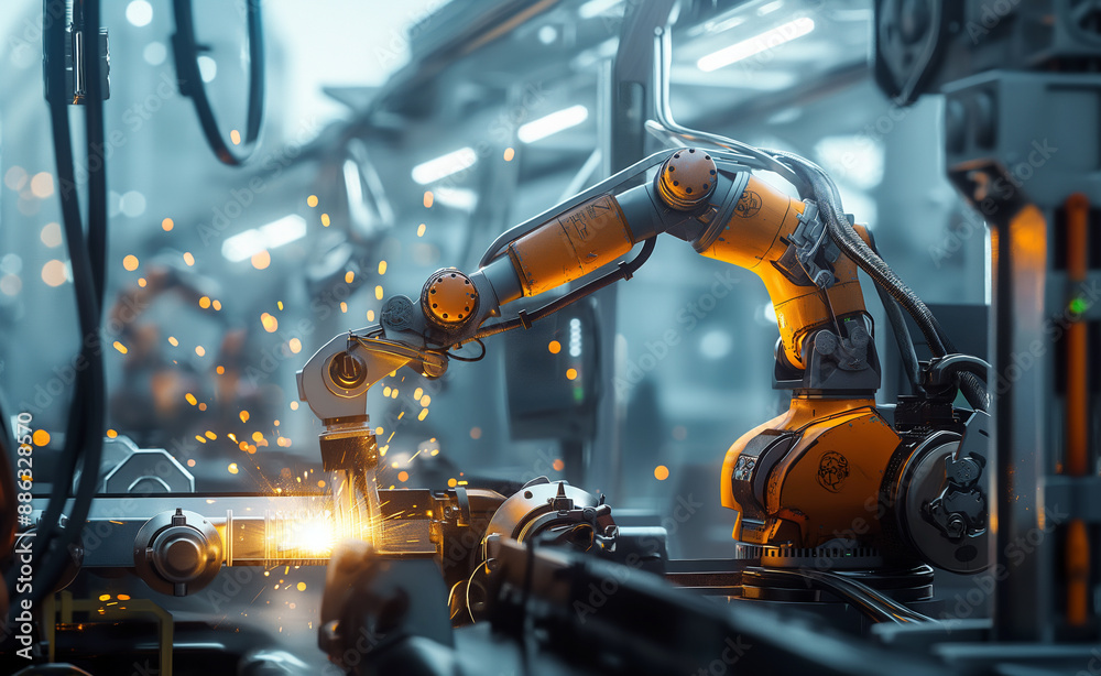 Robotic arm welding metal with sparks flying in an industrial factory setting. Robotic arm welding metal with sparks flying in an industrial factory setting.