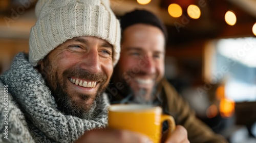 Two friends dressed warmly in beanies and scarves smile at the camera, sharing a cozy moment with a hot drink, set against a backdrop of warm, glowing lights.